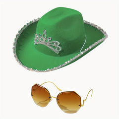 Cowgirl Hat Sunglasses Set with Y2K Fedora Cap & Rimless UV Eyewear