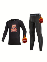2pcs Kids Compression Fleece Sets Dragon Pattern Crew Neck Pullover