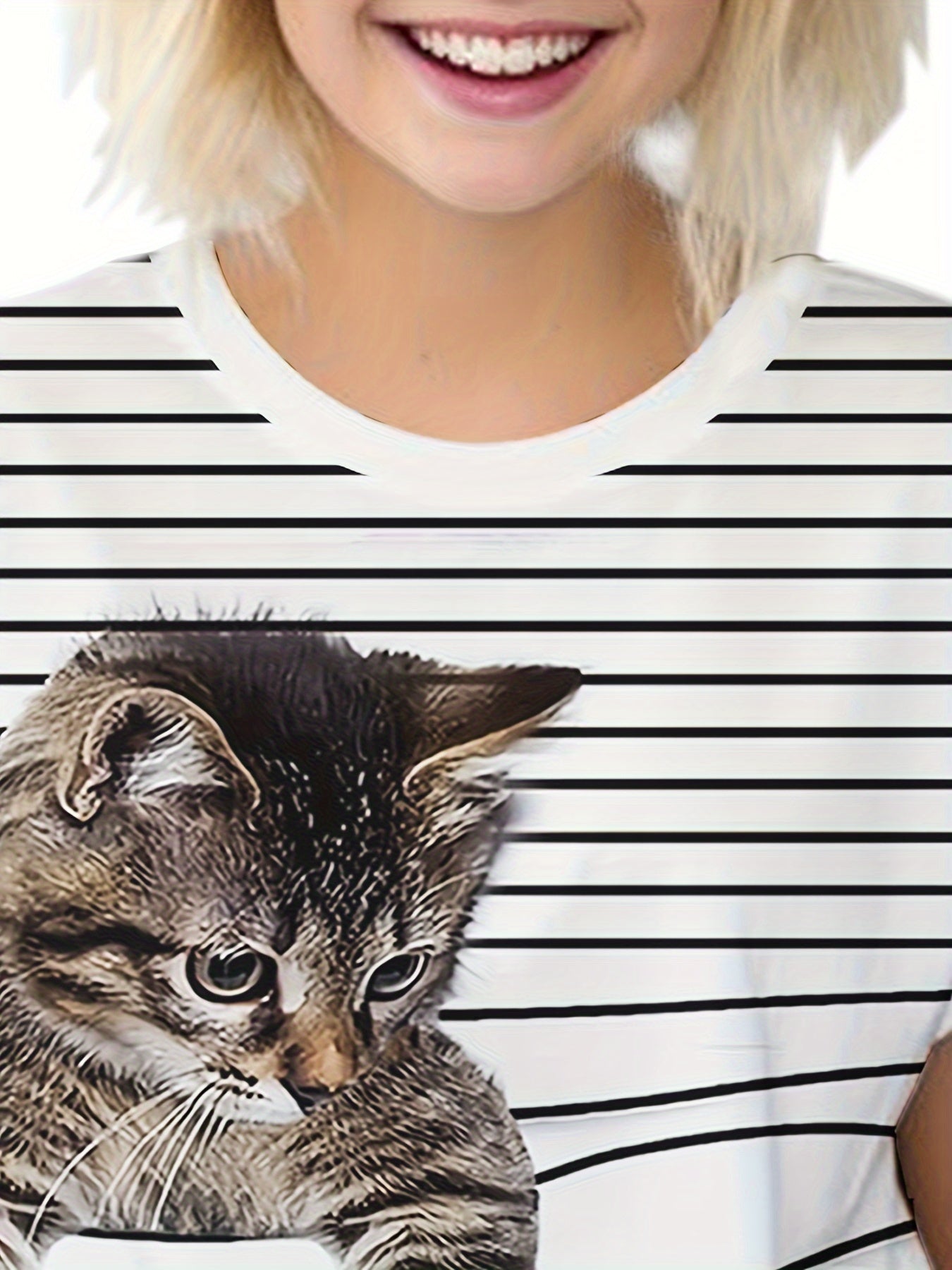 Kids Striped Kitty Graphic T-shirt - Summer Sports Clothes