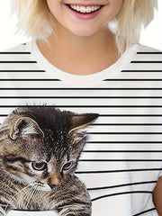 Kids Striped Kitty Graphic T-shirt - Summer Sports Clothes