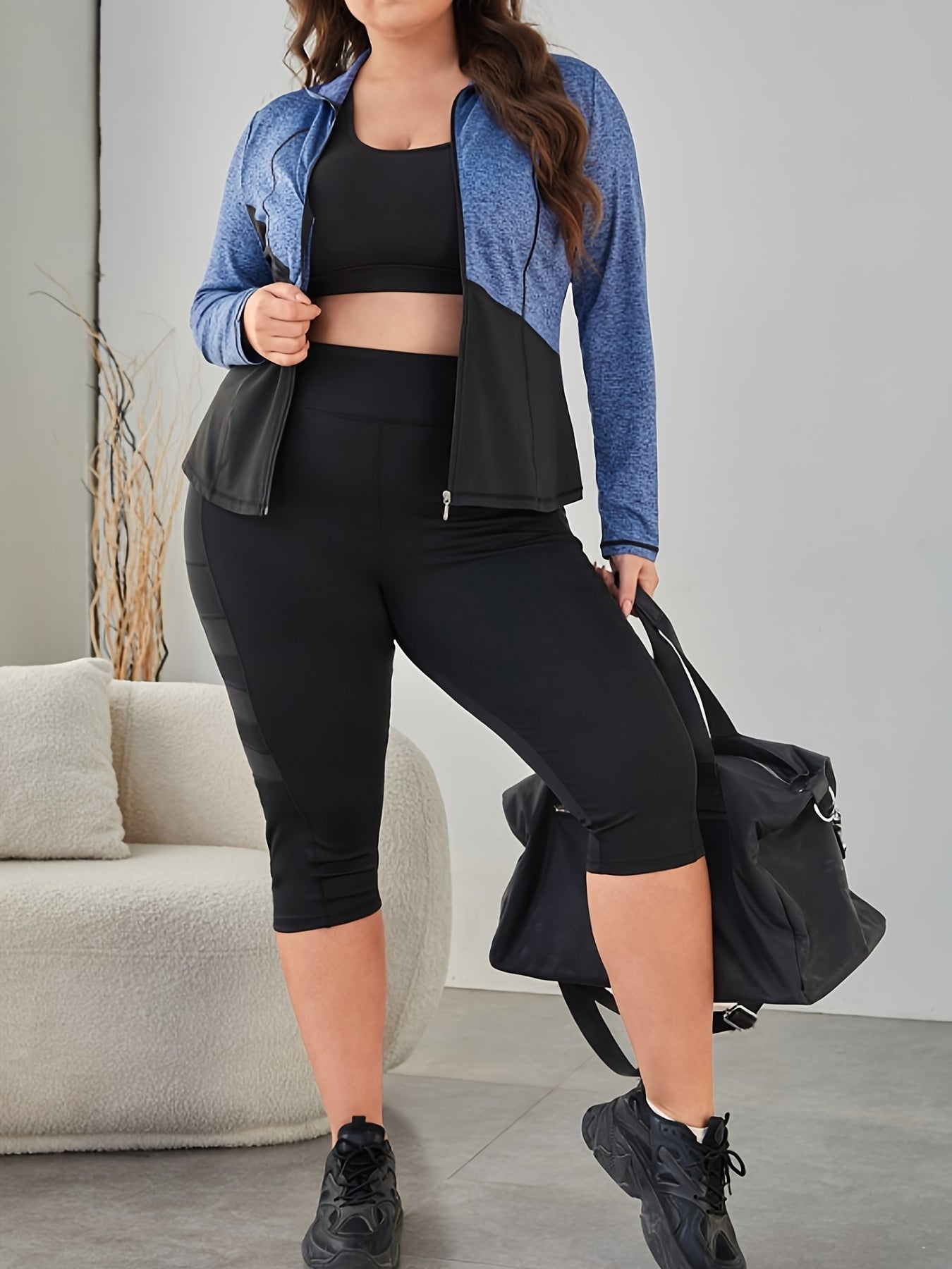 Colorblock High Neck Zipper Long Sleeve Sports Coat Plus Size
