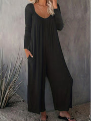 Solid Long Sleeve V Neck Wide Leg Jumpsuit With Pockets
