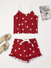 Heart Print Pajama Set V Neck Cami Top & Ruffle Shorts Women's Sleepwear