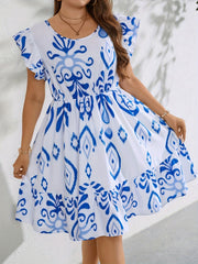 Women's Plus Ikat Print Ruffle Sleeve Round Neck Ruffle Trim Dress