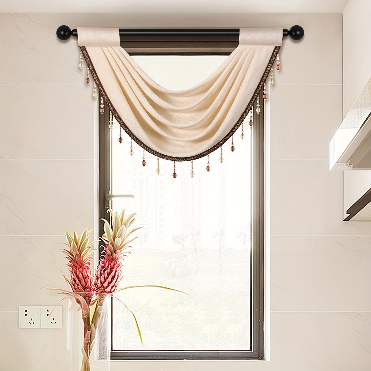 Solid Wave Valance Chenille Short Curtain Bead Rod Pocket Window Curtain