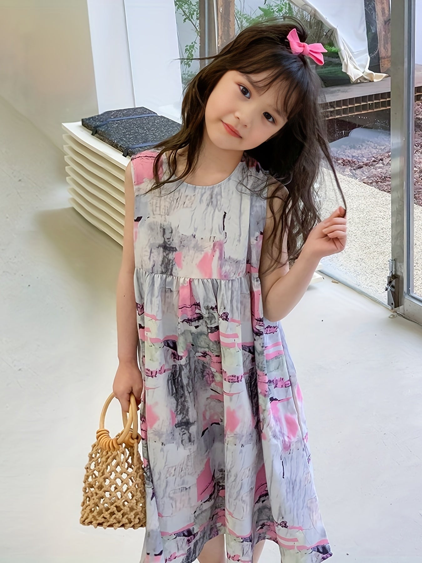 Girl's Brush Stroke Graphic Dress Casual Sleeveless Loose Princess Dress