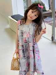 Girl's Brush Stroke Graphic Dress Casual Sleeveless Loose Princess Dress