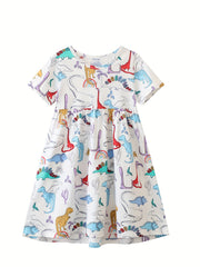Girls Dinosaur Printed Crew Neck Dress Casual Summer Clothes