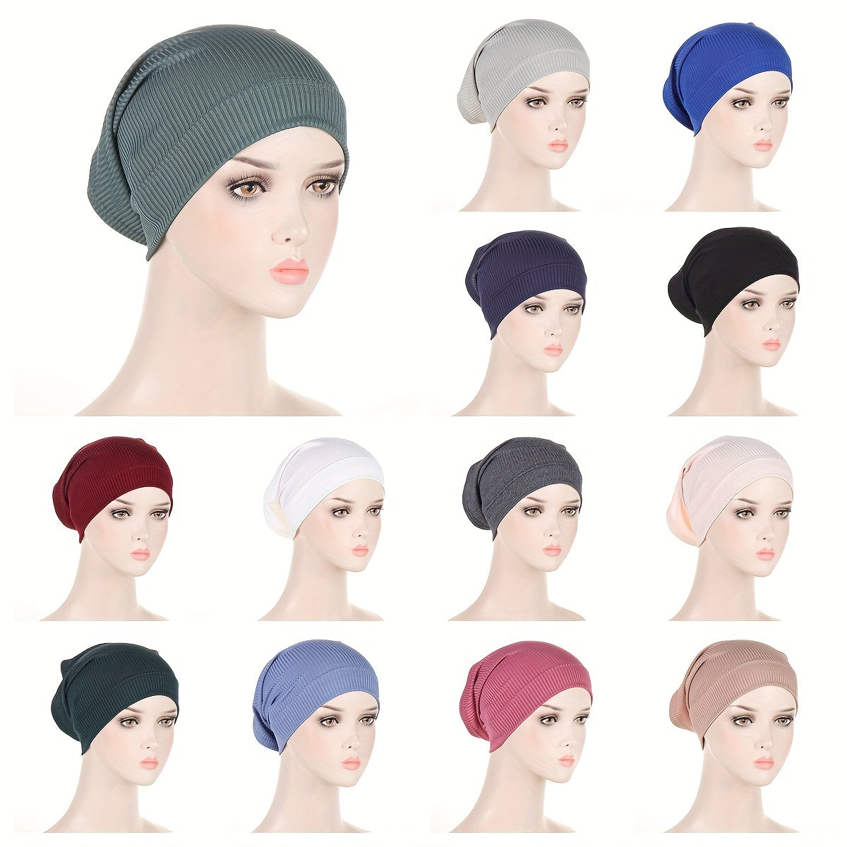 Solid Striped Inner Hijab Hat Soft Elastic Knit Beanie Women Turban