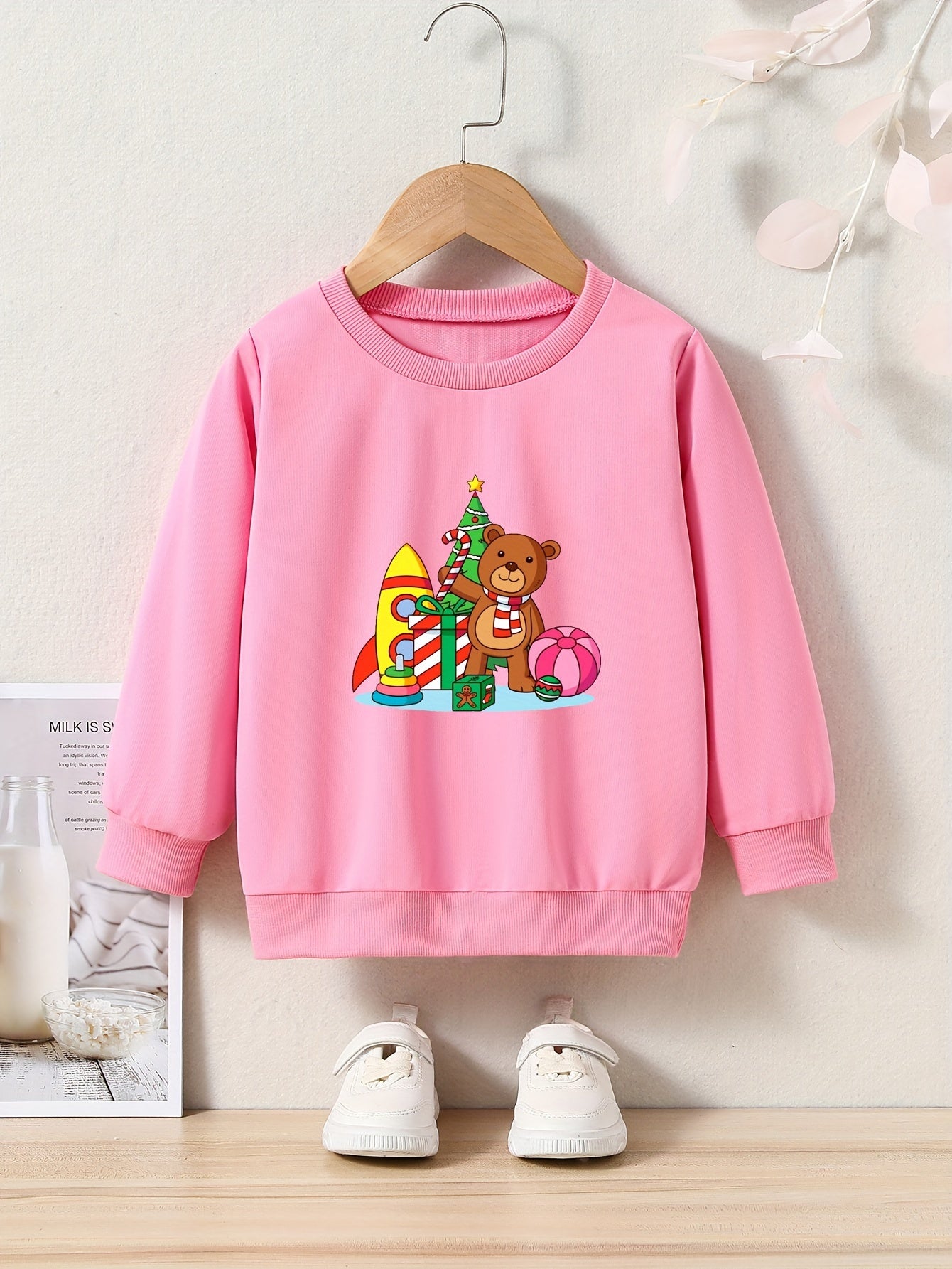 Christmas Bear Print Girls Pullover Sweatshirt Long Sleeve Crew Neck Tops