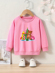 Christmas Bear Print Girls Pullover Sweatshirt Long Sleeve Crew Neck Tops