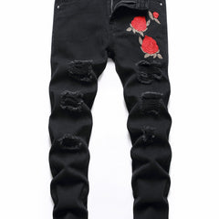 Boys Rose Print Ripped Jeans Denim Pants for Spring and Autumn