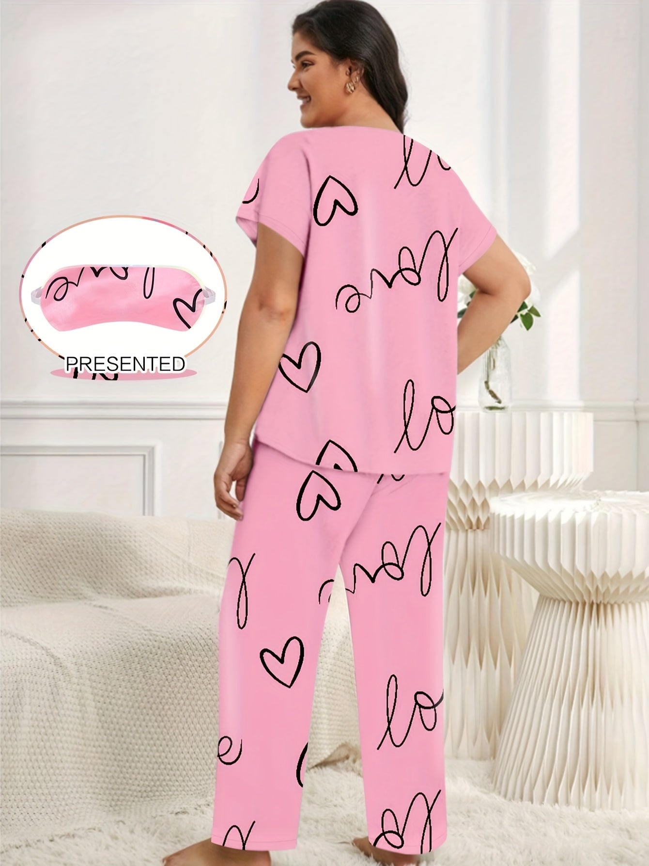 Heart & Letter Print Pajama Set with Eye Mask