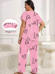 Heart & Letter Print Pajama Set with Eye Mask