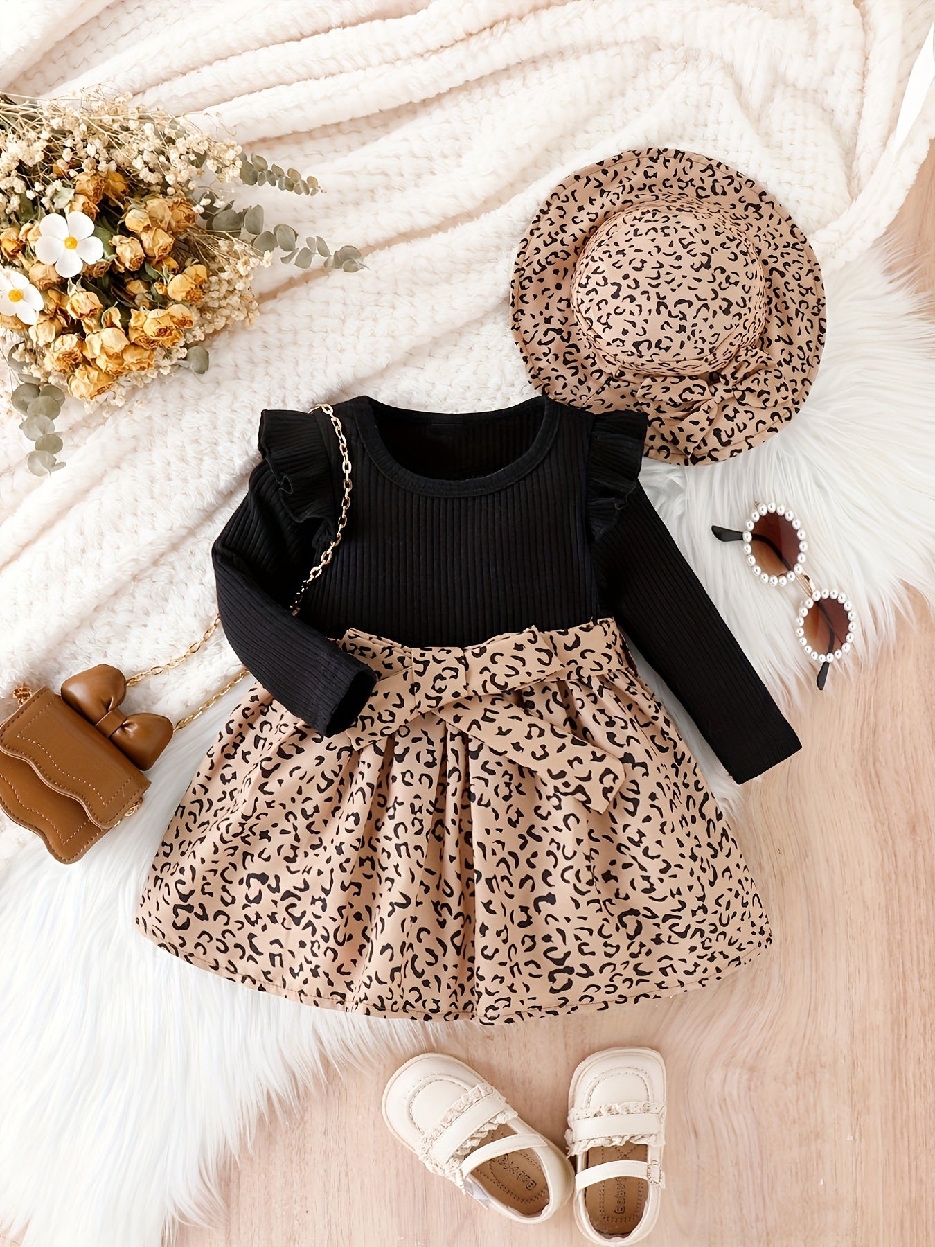 Baby Girl Leopard Print Dress Set with Hat & Belt