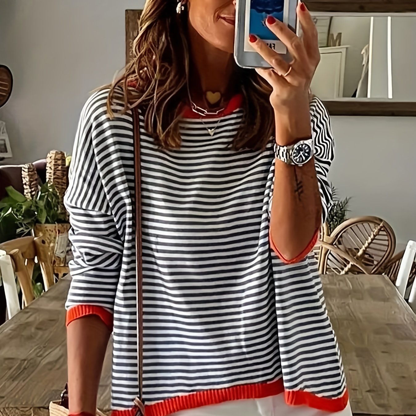 Striped Print Crew Neck Knit Sweater Long Sleeve