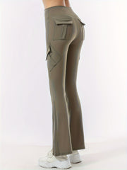 Solid Yoga Flared Pants Pockets Stretchy Running High Waist Sports Bootcut