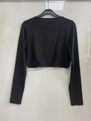 Tassel Two piece Set Crew Neck Long Sleeve Tops & Asymmetrical Skirts