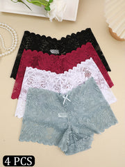 4pcs Lace Boyshort Panties Floral Semi-sheer Scallop Trim Intimates Lingerie