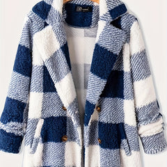 Plaid Pattern Dual Breasted Plush Coat for Fall & Winter