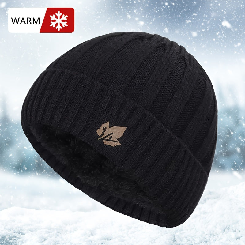 Winter Velvet Beanie Hat Maple Leaf Print Outdoor Ski Hat