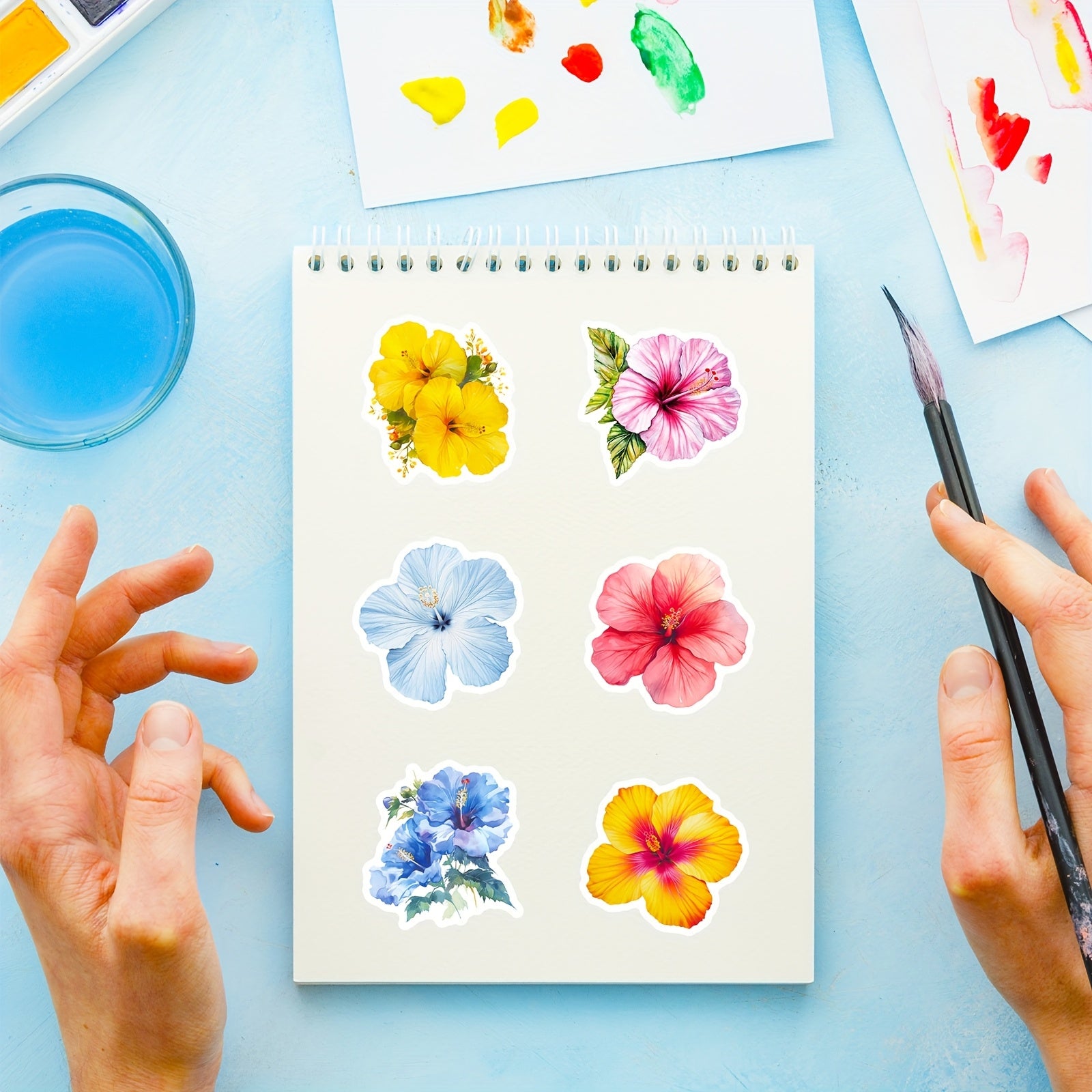 50pcs Watercolor Hibiscus Flower Stickers for Planners & Crafts