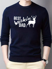Dad & Deer Print Knitted Sweater Men's Warm Crew Neck Pullover For Fall Winter