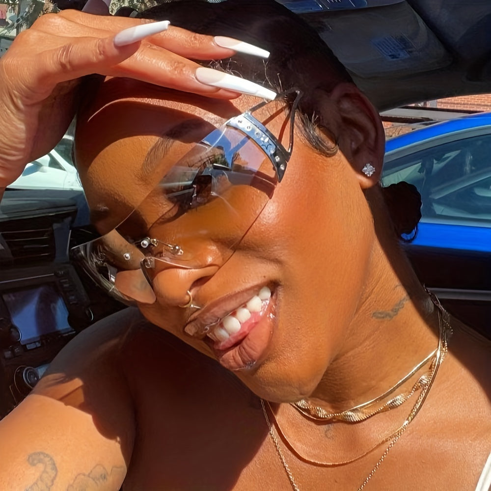 Rhinestone Frameless Rectangle Sunglasses Vintage Ladies Oversized Square
