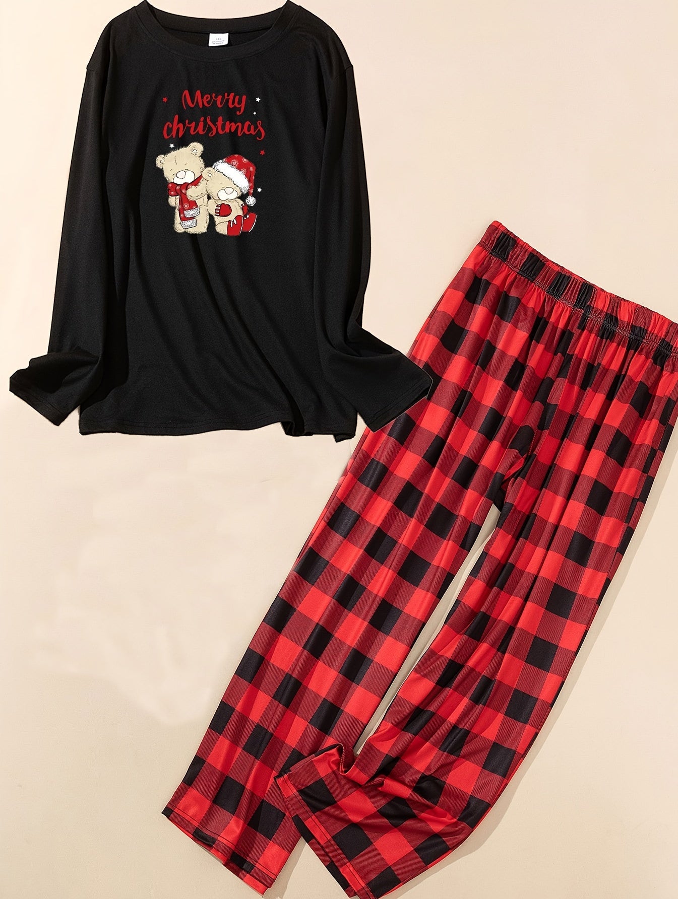Teddy Bear Print Tee & Plaid Pants Pajama Set