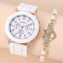 Student Silicone Quartz Watch & Bead Bracelet Set