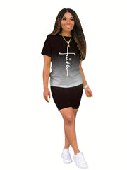 Casual Gradient Two-piece Set Crew Neck Short Sleeve T Shirt & Elastic Waist Sho