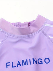 Flamingo Print Girls One Piece Swimsuit Short Sleeve Zipper Round Neck
