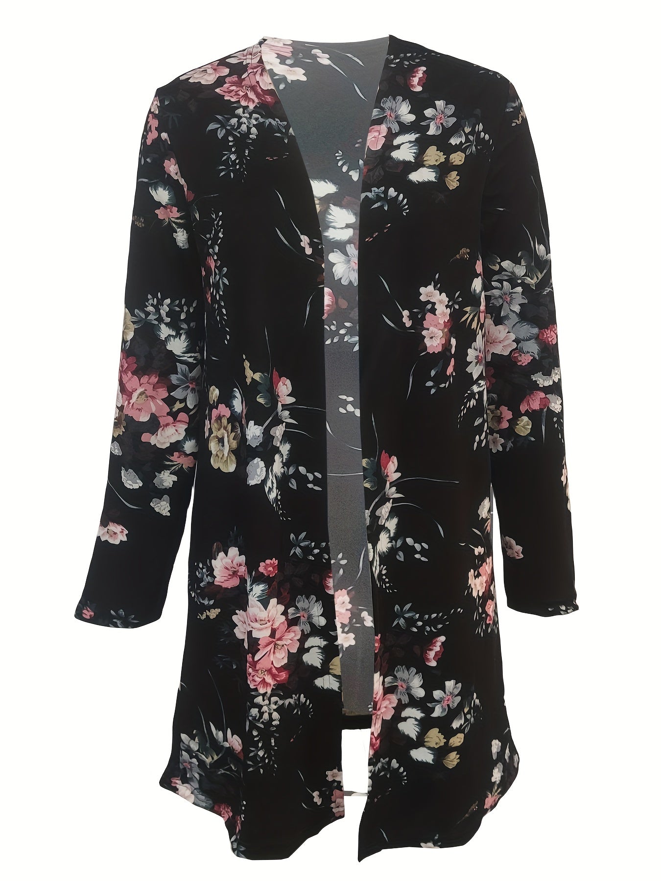 Floral Print Open Front Cardigan Long Sleeve Outerwear