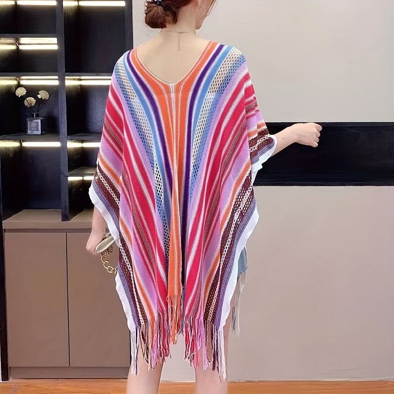 Rainbow Striped Shawl Long Fringed Wrap Hollow Out Sunscreen Shawl