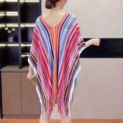 Rainbow Striped Shawl Long Fringed Wrap Hollow Out Sunscreen Shawl