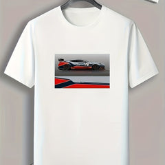 Race Car Print Men's Comfy T shirt Active Stretch Breathable Tee