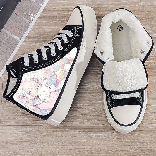 Anime Girl Print Plush Lined Thermal Chunky Canvas Sneakers