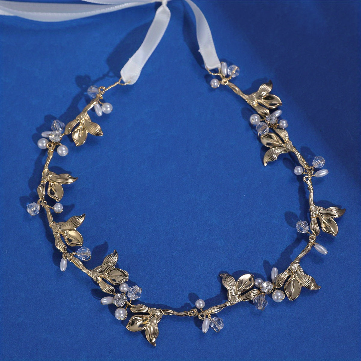 Leaf Shape Head Piece with Faux Pearl & Ribbon Hair Accessories