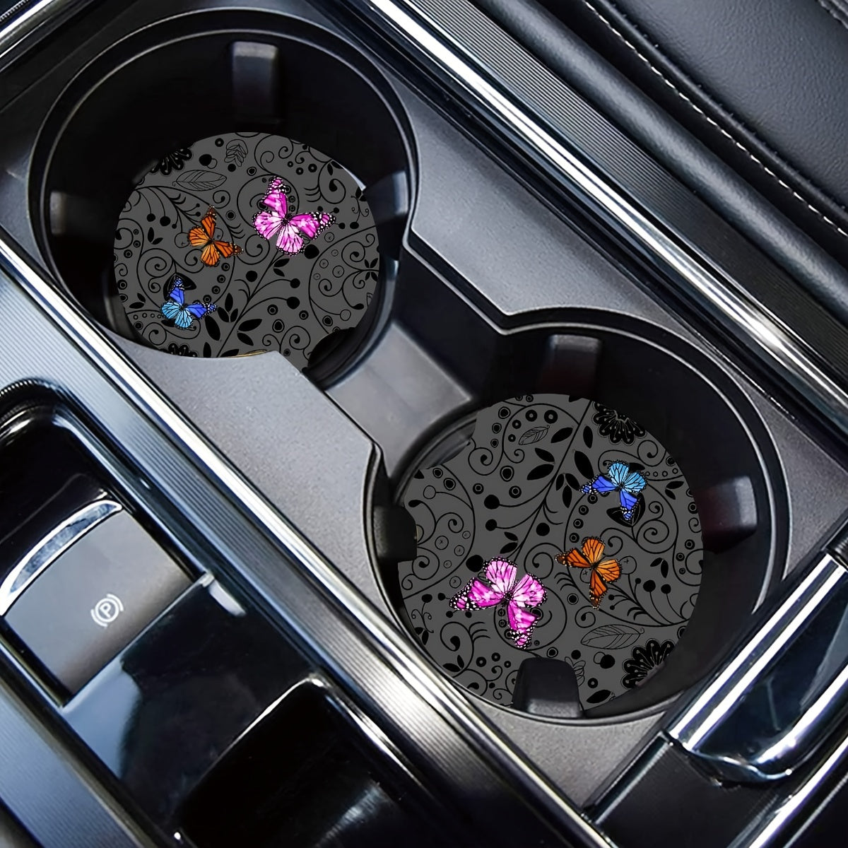 Flower Butterfly Print Car Coasters Anti Slip Cup Pad Interior Supplies