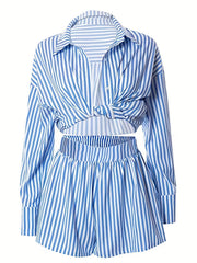 Stripe Print Button Up Shirt Top & Elastic Shorts Set