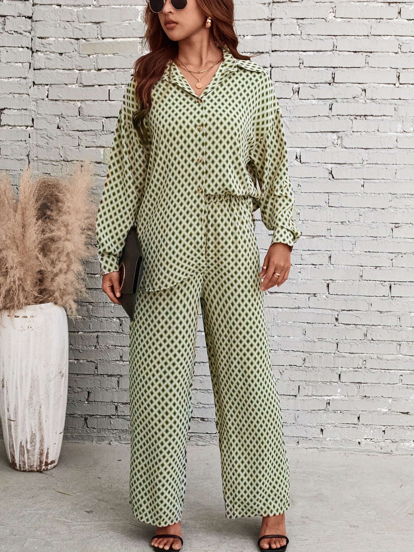 Plaid Print Two Piece Set Shirt & Pants Outfits Women's Clothing