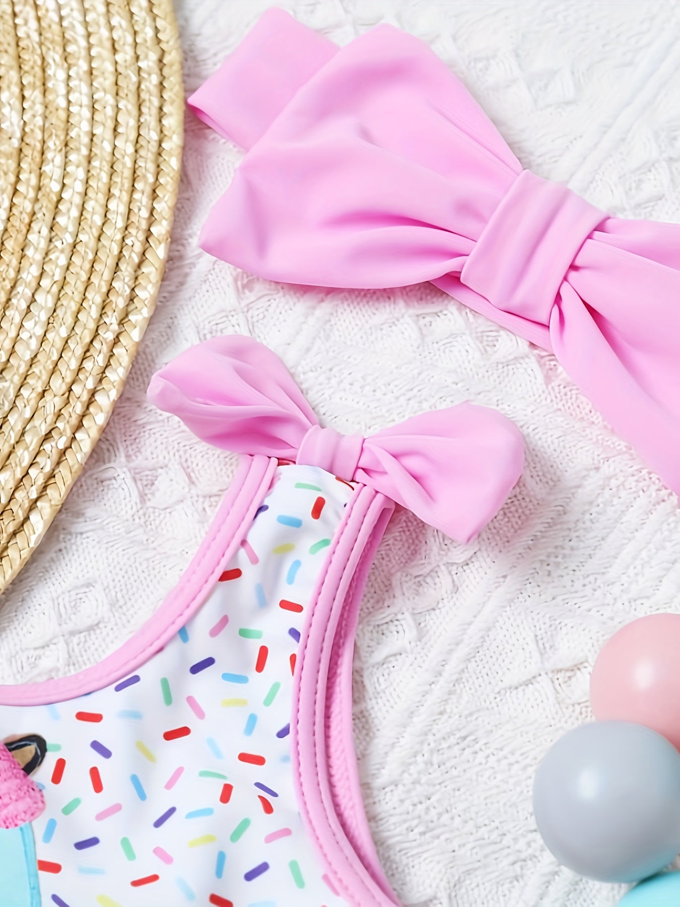 Girls Ice Cream Swimsuit with Ruffle Trim & Bow - Summer Swimwear