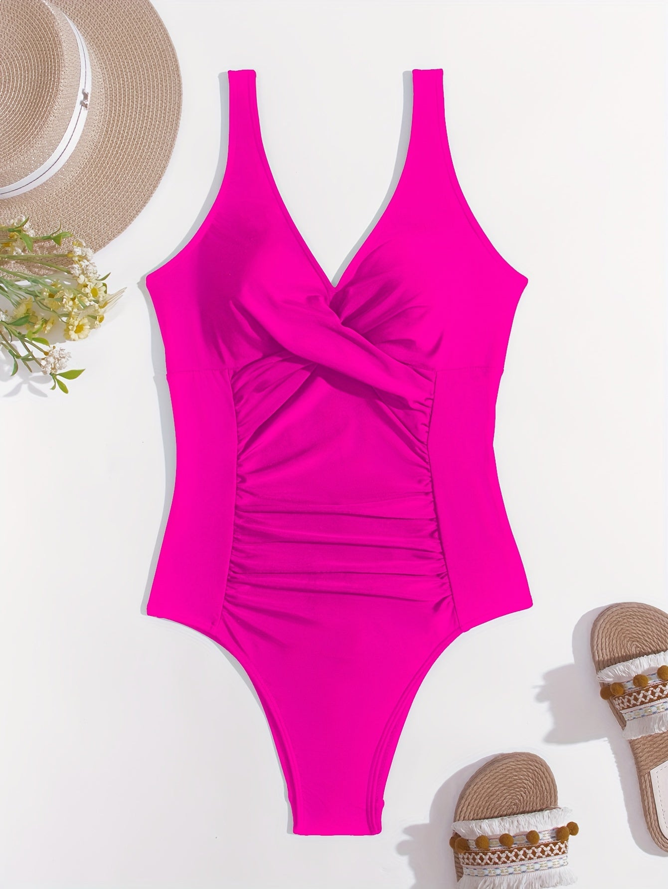 Ruched One Piece Swimsuit V Neck Backless Bathing Suit Women's Swimwear
