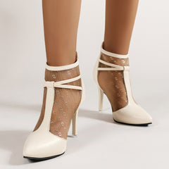 Mesh Pointed Toe High Heel Ankle Boots Stiletto Heeled Zip Back Women's Pumps