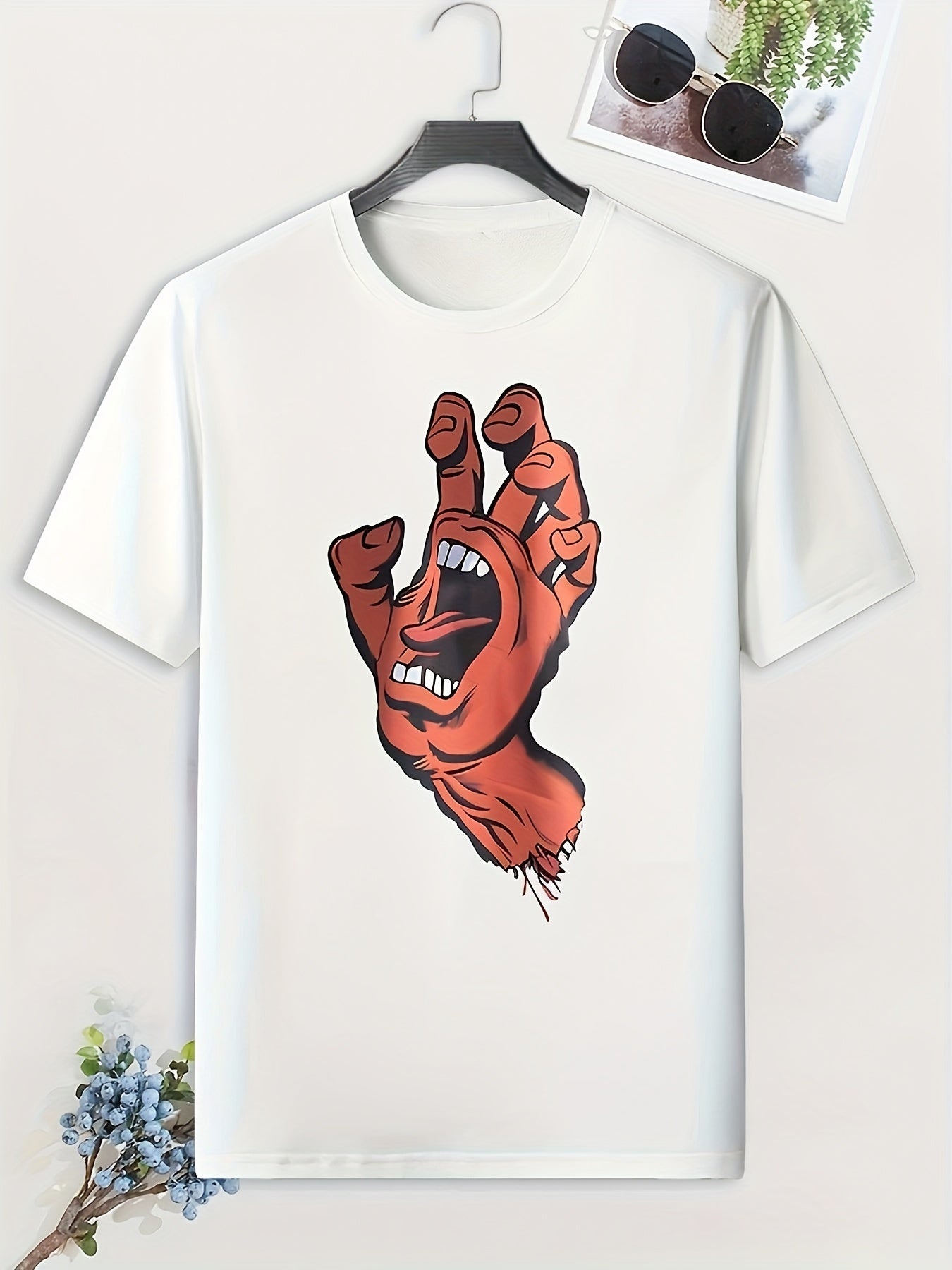 Men's Cartoon Hand Print T-Shirt Casual Comfy Crew Neck Tee