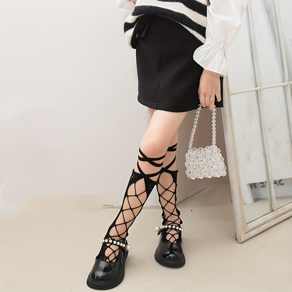 Girls Hollow Mesh Mid Tube Socks Lolita Princess Strap Fishnet Stockings