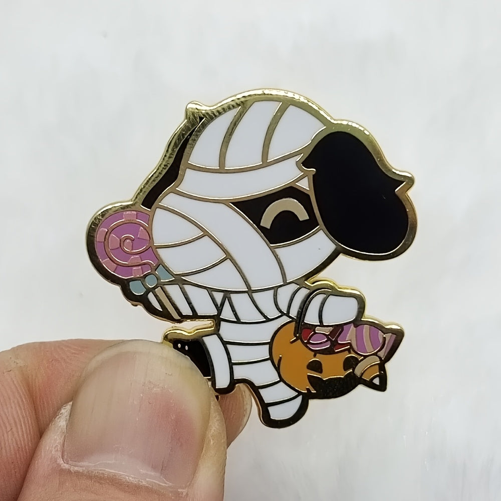 Lucky Band Dog Enamel Brooch Pin Vintage Halloween Pumpkin & Puppy