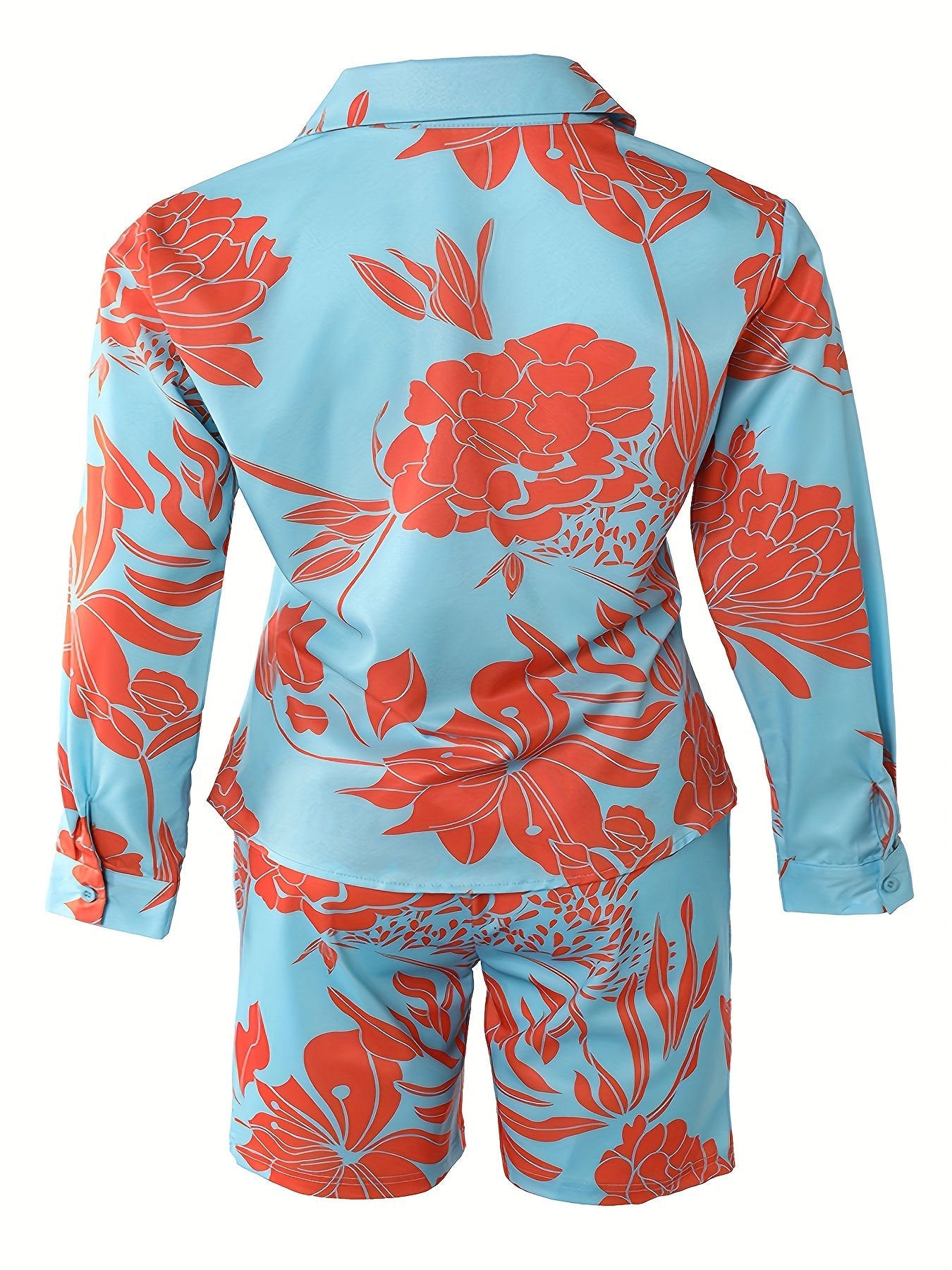 Women's Plus Floral Print Long Sleeve Blouse & Shorts Outfits Set