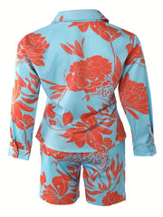 Women's Plus Floral Print Long Sleeve Blouse & Shorts Outfits Set