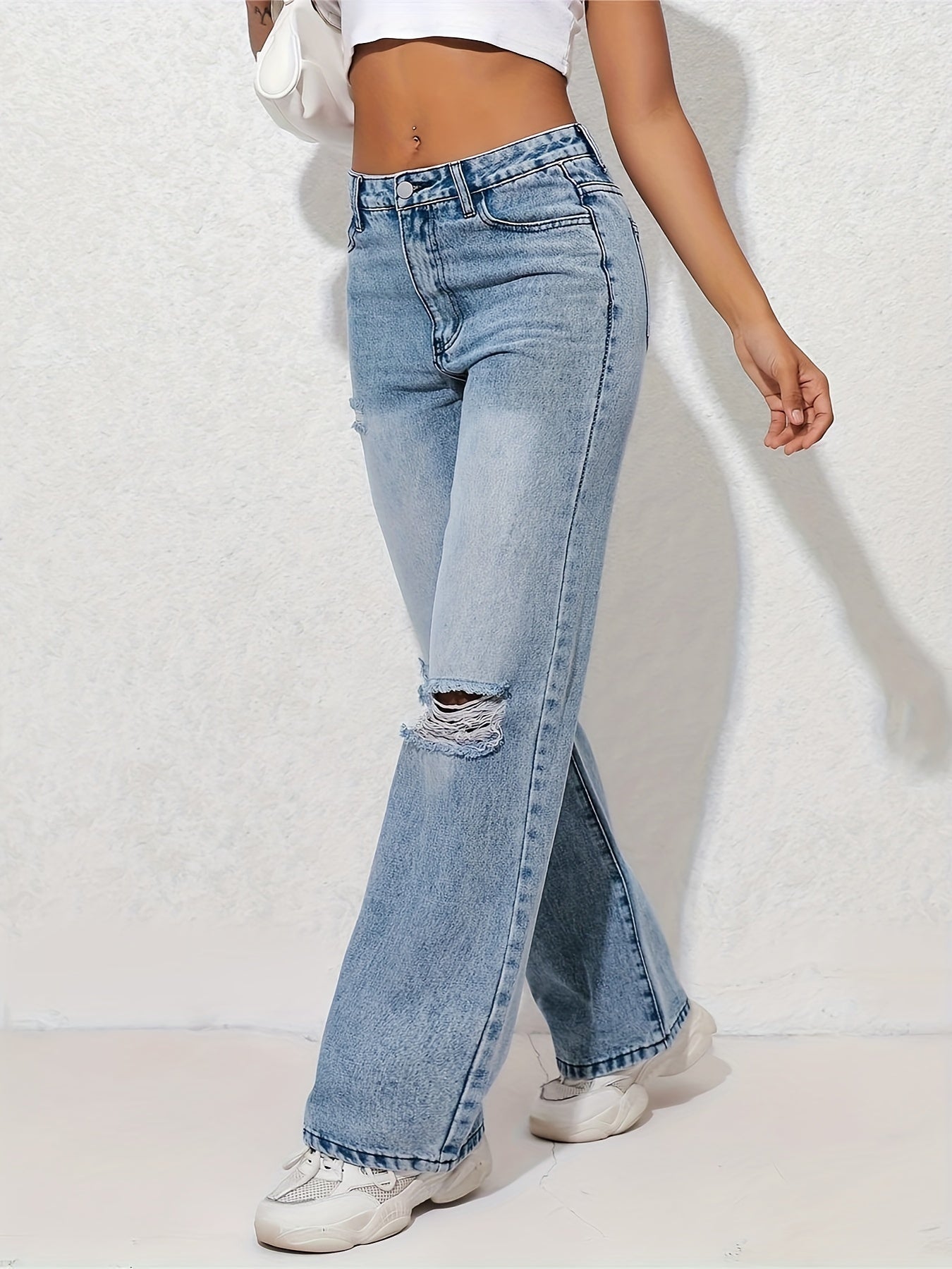 Distressed Wide Leg High Waist Denim Pants